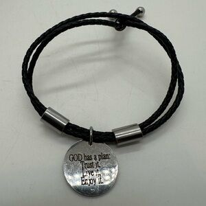 Black corded and silver tone charm “god has a plan” bracelet